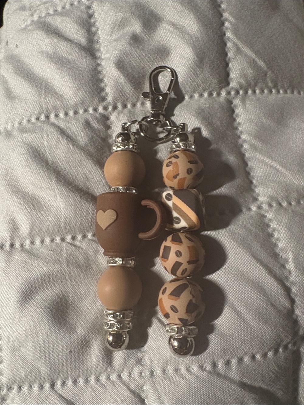 Coffee Cup Beaded Keychain Charm - Brown & Tan